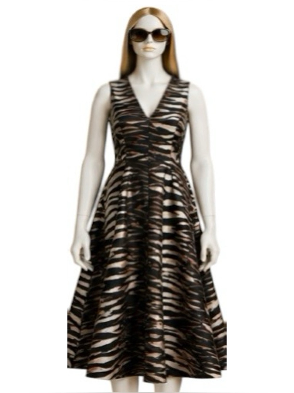 Kay Unger “Tibby” Black/Rose Gold Sleeveless V-Neck Flare Midi Dress Size 6